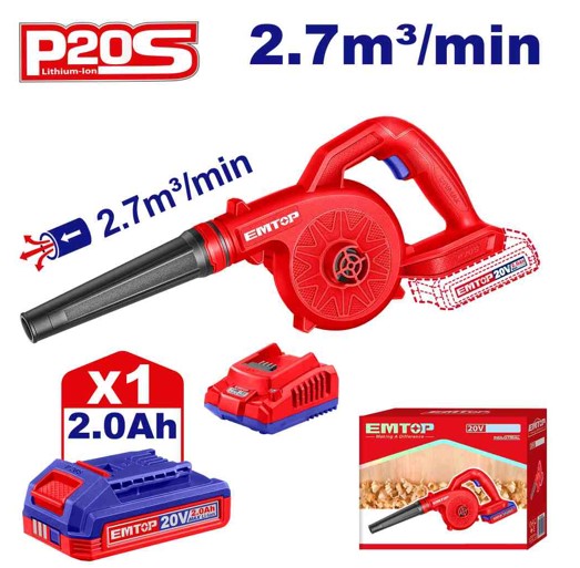 20V Cordless Blower 18000rpm 2.7m³/min Air Volume Compact Leaf Dust Blower with 2.0Ah Battery Charger Color Box Packed